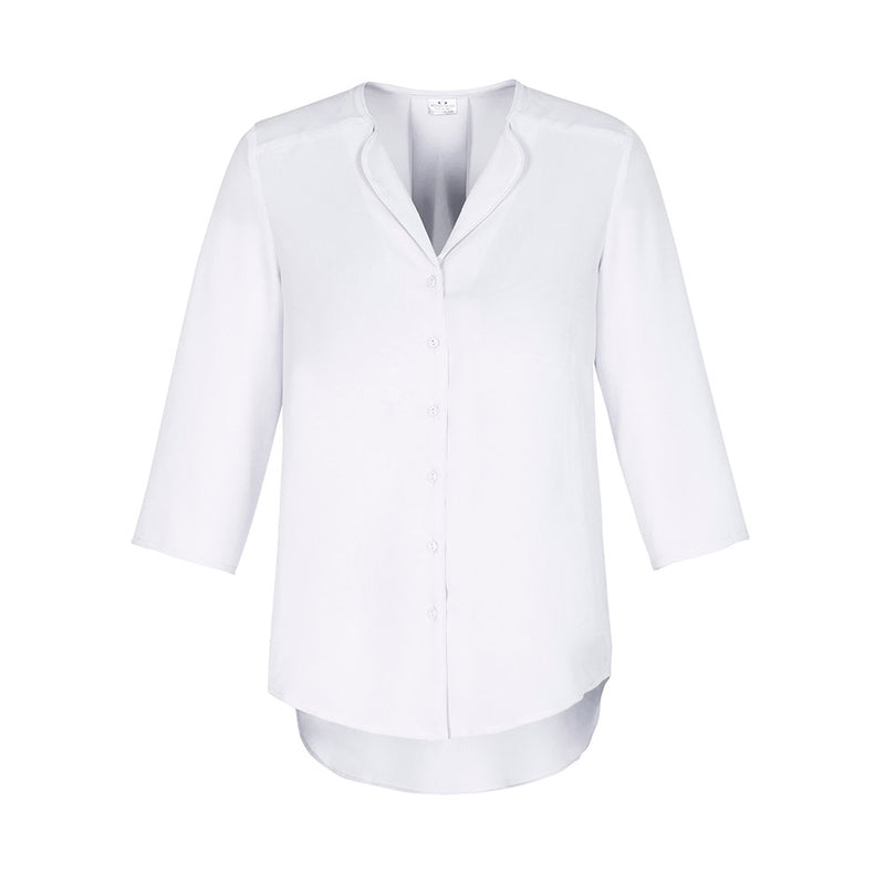 Load image into Gallery viewer, Biz Womens Lily Longline Blouse, featuring a loose-fitting silhouette with a soft petal-shaped lapel and extended back tail, designed for fluid movement with a cross-over envelope front.