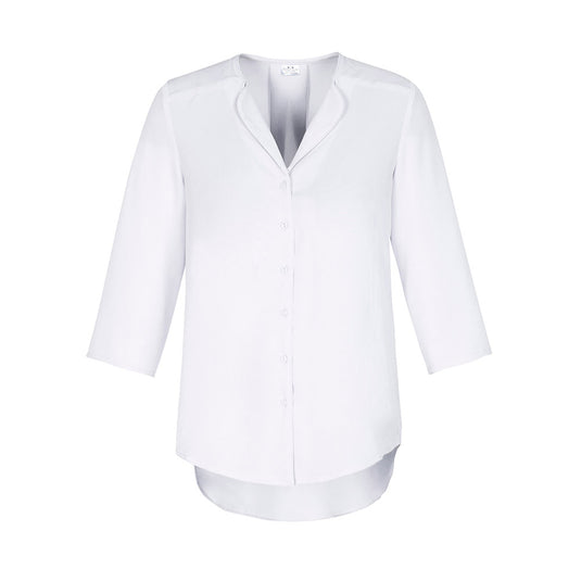 Biz Womens Lily Longline Blouse, featuring a loose-fitting silhouette with a soft petal-shaped lapel and extended back tail, designed for fluid movement with a cross-over envelope front.