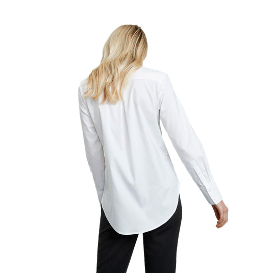 Biz Camden Ladies Long Sleeve Shirt with a relaxed fit, featuring a scooped hemline and wide cuffs. The shirt's loose silhouette and extended length offer contemporary elegance and practical movement.