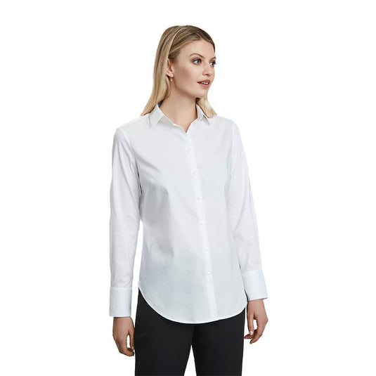 Biz Camden Ladies Long Sleeve Shirt featuring a loose silhouette with wide cuffs and a scooped hemline, crafted from stretch Oxford weave fabric for comfort and mobility, ideal for professional and casual settings.