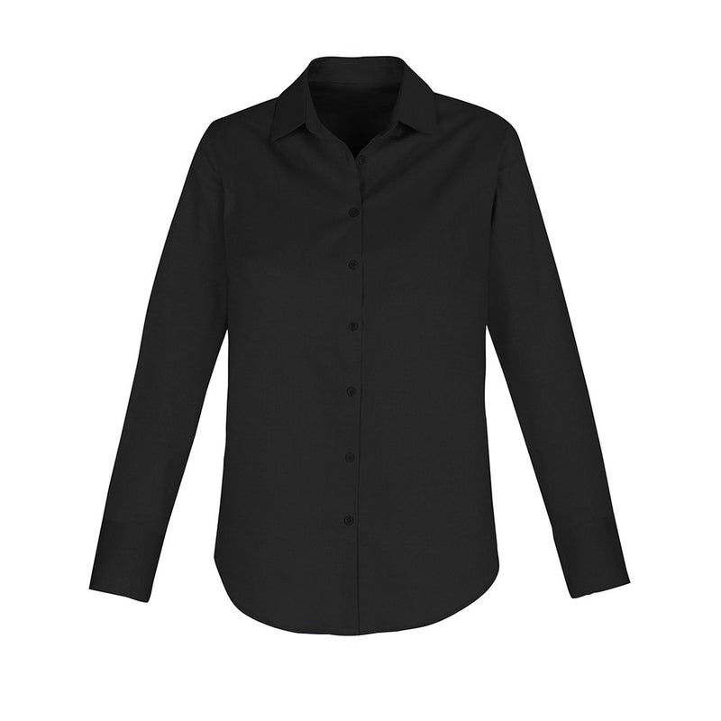 Load image into Gallery viewer, Biz Camden Ladies Long Sleeve Shirt featuring a contemporary loose fit with wide cuffs, scooped hem, and extended tail. Made from stretch Oxford weave fabric for comfort and mobility, ideal for professional settings.