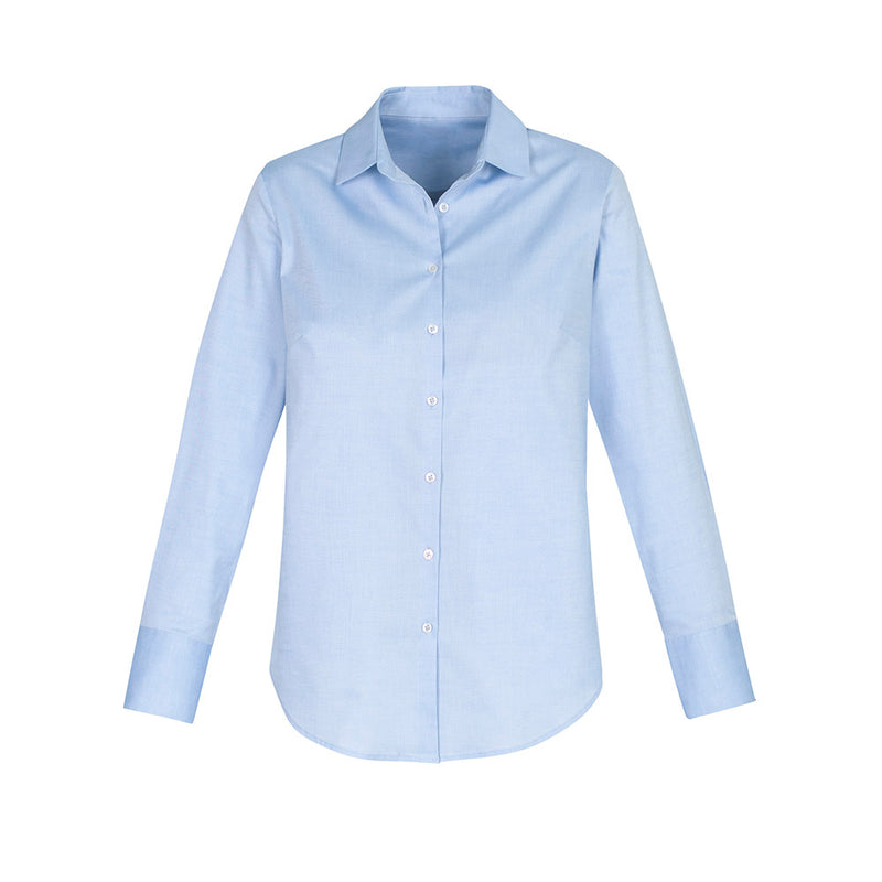 Load image into Gallery viewer, Biz Camden Ladies Long Sleeve Shirt showcasing a contemporary loose fit and elegant details like a wide cuff and scooped hem, ideal for workplace wear, crafted from stretch cotton oxford for comfort.