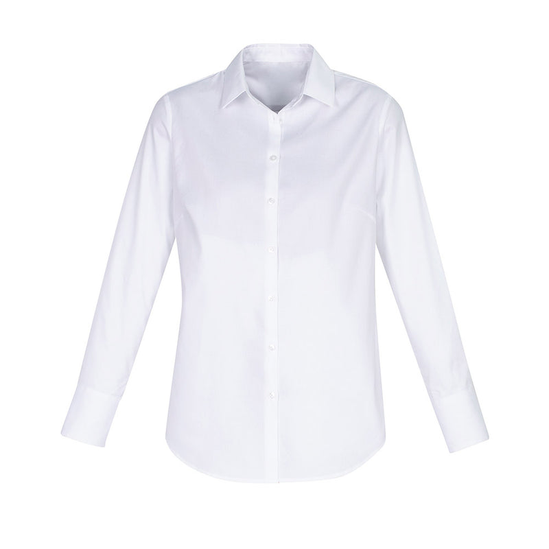 Load image into Gallery viewer, Biz Camden Ladies Long Sleeve Shirt featuring a contemporary loose silhouette with a wide cuff and scooped hemline, suitable for uniforms or casual wear, crafted from a stretch cotton oxford weave.