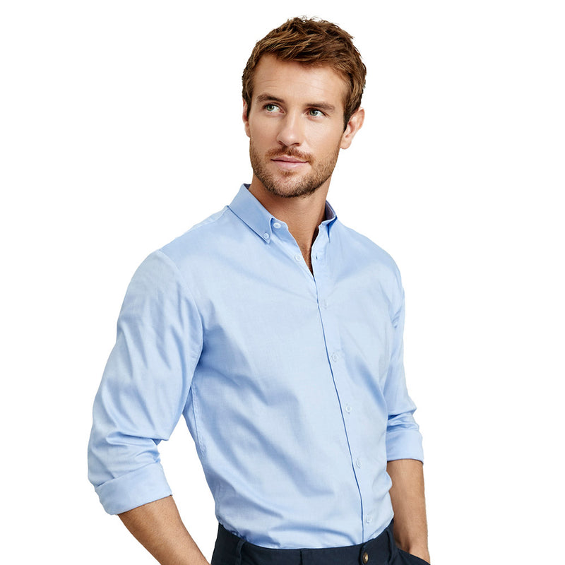Load image into Gallery viewer, Biz Mens Camden Long Sleeve Shirt featuring a button-down collar and adjustable cuffs. The shirt is made of stretch Oxford weave fabric, ideal for professional or workplace settings, aligning with Active Safety's focus on workwear.