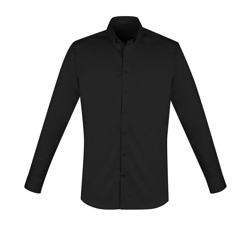 Load image into Gallery viewer, Biz Mens Camden Long Sleeve Shirt, a fine cotton oxford weave with stretch elastane, features a modern button-down collar and adjustable cuff, offering a sleek and professional look for workplace settings.