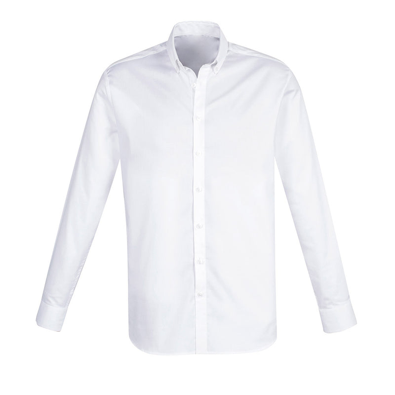 Load image into Gallery viewer, Biz Mens Camden Long Sleeve Shirt with a modern button-down collar, adjustable cuffs, and a stretch oxford weave, designed for a professional, neat appearance, ideal for workplace settings.