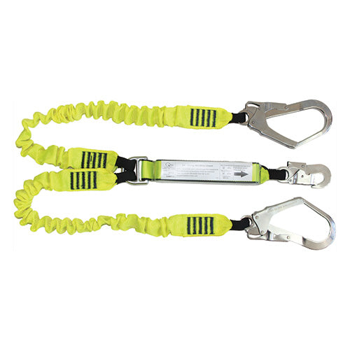QSI Twin Elasticated Lanyard 2M featuring twin scaffolding hooks and a double action hook, ideal for height safety. The lanyard's shock-absorbing design and connectors ensure reliable performance in workplace safety environments.