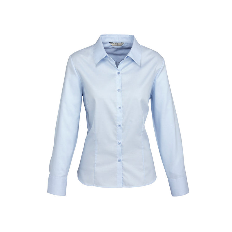 Load image into Gallery viewer, Biz Ladies Luxe Long Sleeve Shirt features elegant cuff buttons and a classic collar, tailored with waist and bust darts for a flattering fit, crafted in wrinkle-resistant herringbone cotton.