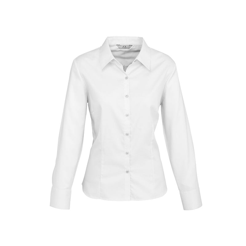 Load image into Gallery viewer, Biz Ladies Luxe Long Sleeve Shirt, crafted from 100% cotton with a mini herringbone weave, features cuff buttons and shape-enhancing darts, ideal for a polished, professional look.