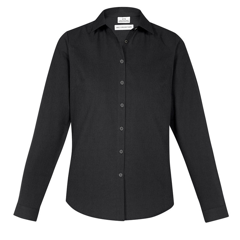 Load image into Gallery viewer, Biz Womens Memphis Long Sleeve Shirt, featuring a semi-fitted silhouette with a shirt tail hem and back box pleat, crafted from pre-shrunk oxford weave fabric, ideal for workplace safety and comfort.