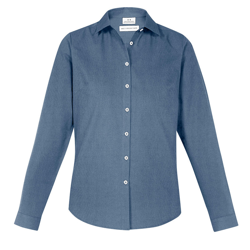Load image into Gallery viewer, Biz Womens Memphis Long Sleeve Shirt featuring a semi-fitted silhouette and shirt tail hem, highlighted by a close-up of the button and collar detail, ideal for workplace uniform wear.