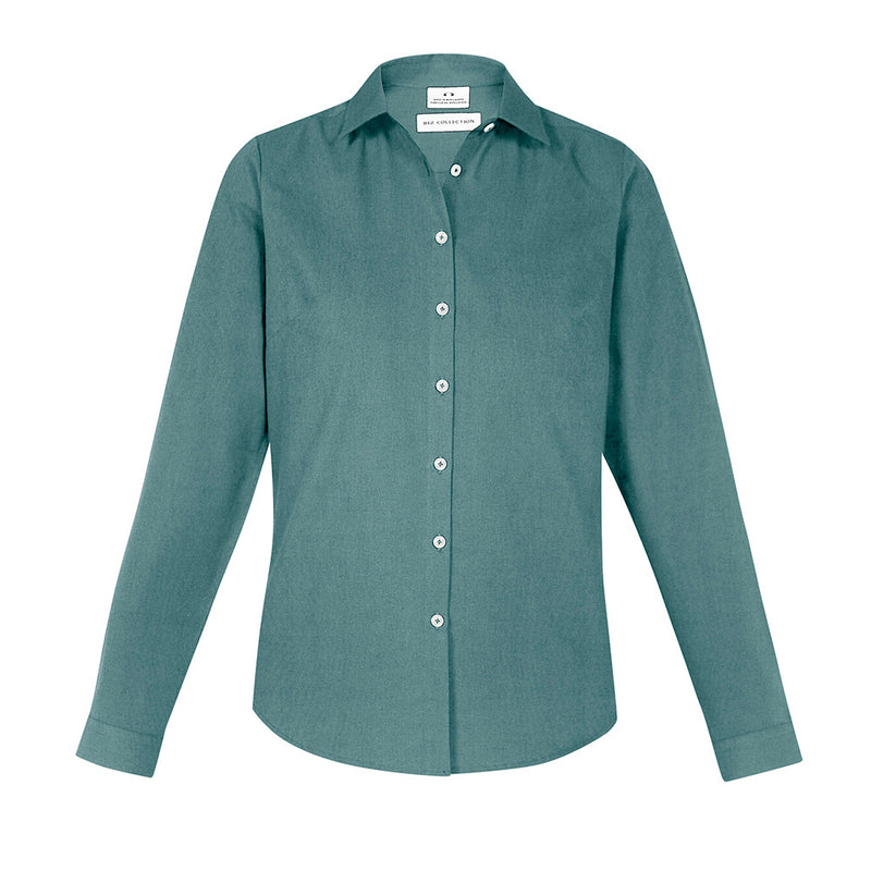 Load image into Gallery viewer, Biz Womens Memphis Long Sleeve Shirt, featuring buttons and a semi-fitted silhouette with a shirt tail hem, crafted from pre-shrunk oxford weave fabric for softness and minimal ironing.