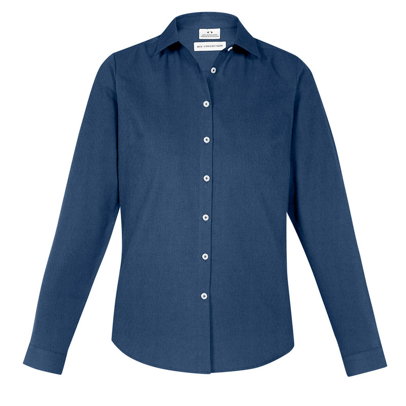 Load image into Gallery viewer, Biz Womens Memphis Long Sleeve Shirt features a button-front design with a semi-fitted silhouette, collar, and shirt tail hem, ideal for workplace settings. Crafted from a soft, pre-shrunk oxford weave fabric.