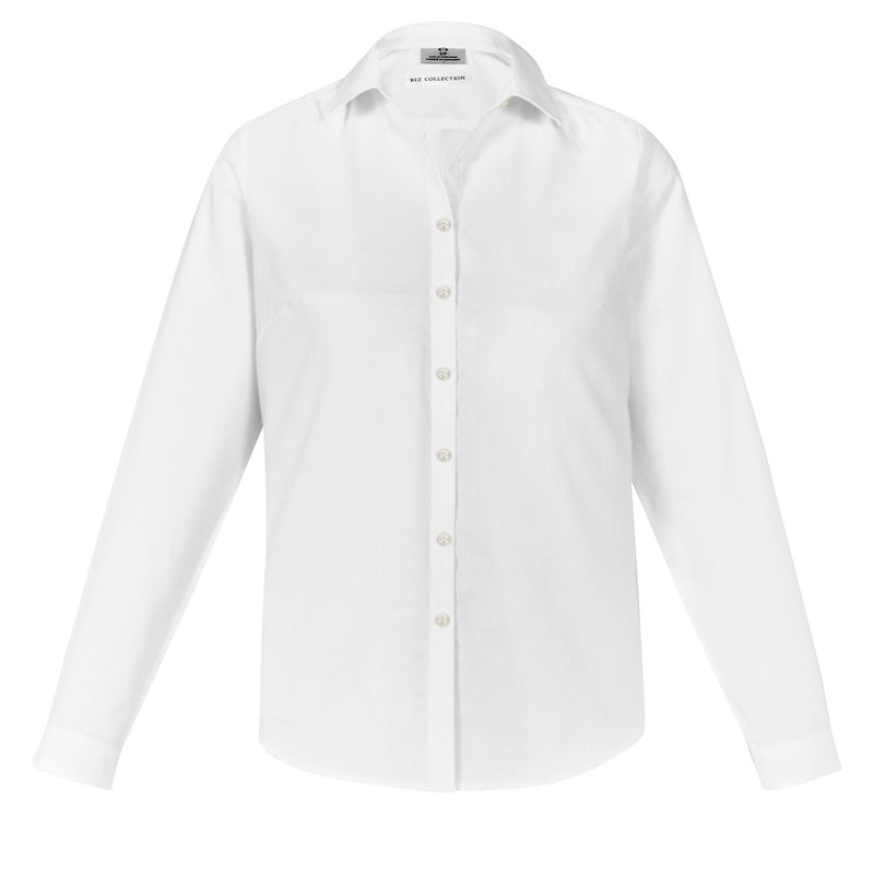 Load image into Gallery viewer, Biz Womens Memphis Long Sleeve Shirt, featuring a semi-fitted silhouette with a shirt tail hem and back box pleat, highlighted by button details and a collar, ideal for professional and casual settings.