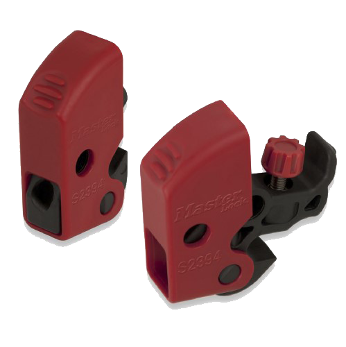 Close-up of the ML Universal Miniature Circuit Breaker Lockout, showcasing its thumb turn dial screw for easy attachment, designed to secure various ISO/DIN pin-out circuit breakers.