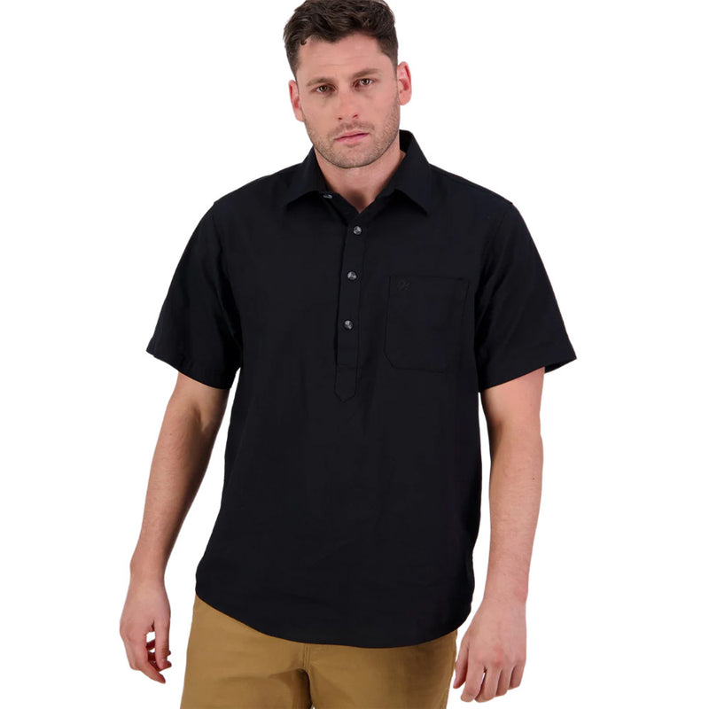 Load image into Gallery viewer, Swanndri Mens Paihia V2 Short Sleeve Shirt in close-up, showing its relaxed fit and half placket button closure, perfect for summer with lightweight, breathable 100% cotton fabric.