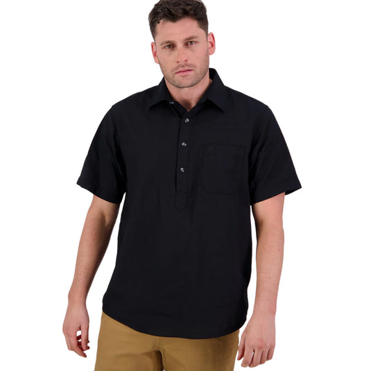 Swanndri Mens Paihia V2 Short Sleeve Shirt in close-up, showing its relaxed fit and half placket button closure, perfect for summer with lightweight, breathable 100% cotton fabric.