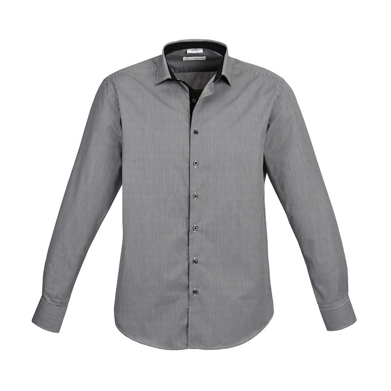 Load image into Gallery viewer, Biz Mens Edge Long Sleeve Shirt featuring a sophisticated check pattern, button-down front, and contrast trim. Made from a durable poly-cotton blend, it includes a loose pocket for workplace functionality.
