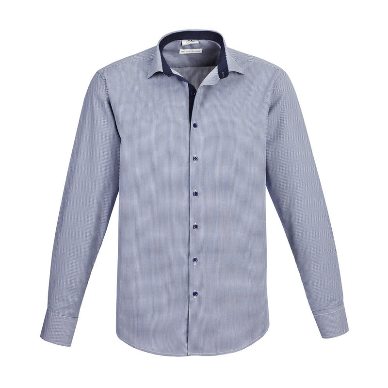 Load image into Gallery viewer, Biz Mens Edge Long Sleeve Shirt featuring a sophisticated check pattern and contrast trim inside the collar, placket, and cuff. Includes a loose pocket, ideal for workplace uniforms from Active Safety.