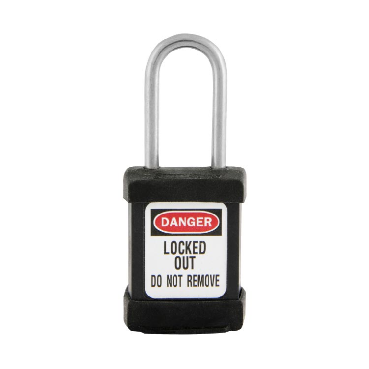Load image into Gallery viewer, Master Lock S31 Zenex Compact Thermoplastic Safety Padlock KD, 38mm, features a black plastic-coated body with a long metal shackle and DANGER LOCKED OUT DO NOT REMOVE label, ideal for industrial lockout applications.