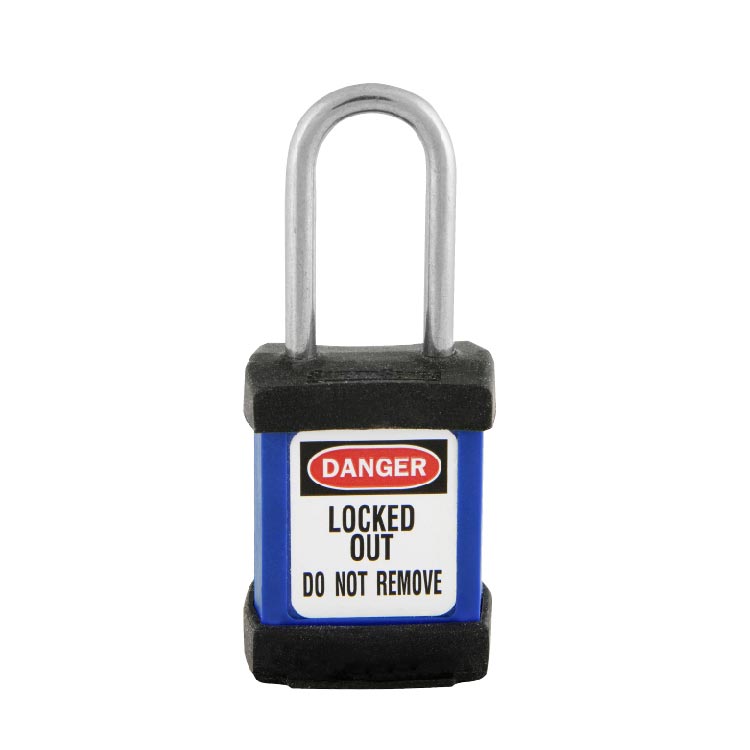 Load image into Gallery viewer, Master Lock S31 Zenex Compact Thermoplastic Safety Padlock KD, 38mm, features a blue body with a white Danger Locked Out label, ideal for lockout/tagout procedures in industrial safety environments.