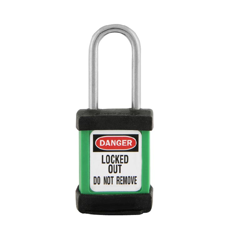 Load image into Gallery viewer, Master Lock S31 Zenex Compact Thermoplastic Safety Padlock KD, 38mm features a green plastic body with black bumpers, a metal shackle, and a warning label for lockout/tagout procedures, ideal for corrosive environments.