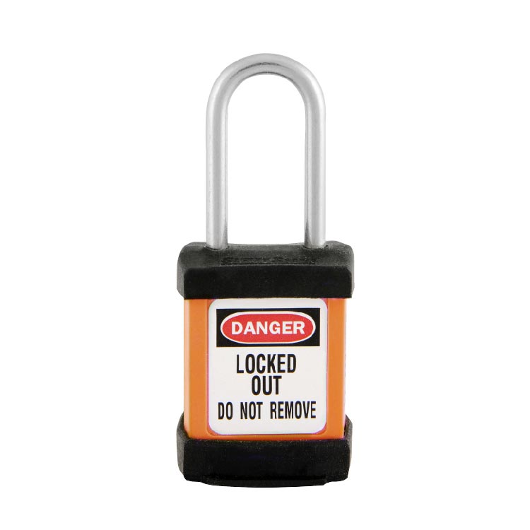 Load image into Gallery viewer, Master Lock S31 Zenex Compact Thermoplastic Safety Padlock KD, 38mm features an orange body with black bumpers and a silver shackle, displaying a DANGER LOCKED OUT DO NOT REMOVE label, ideal for industrial safety use.
