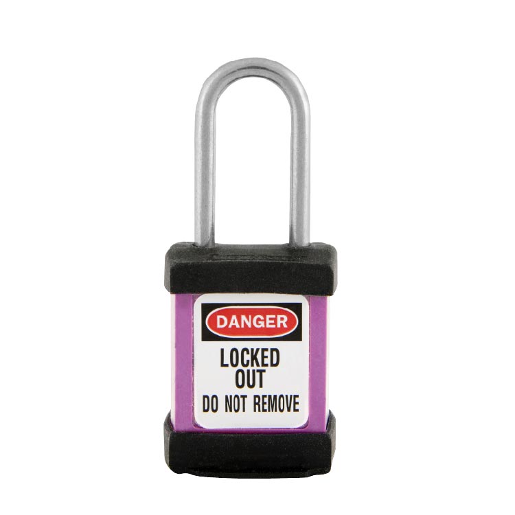 Load image into Gallery viewer, Master Lock S31 Zenex Compact Thermoplastic Safety Padlock KD, 38mm, features a purple body with a stainless steel shackle and a prominent DANGER label, ideal for lockout/tagout safety procedures.