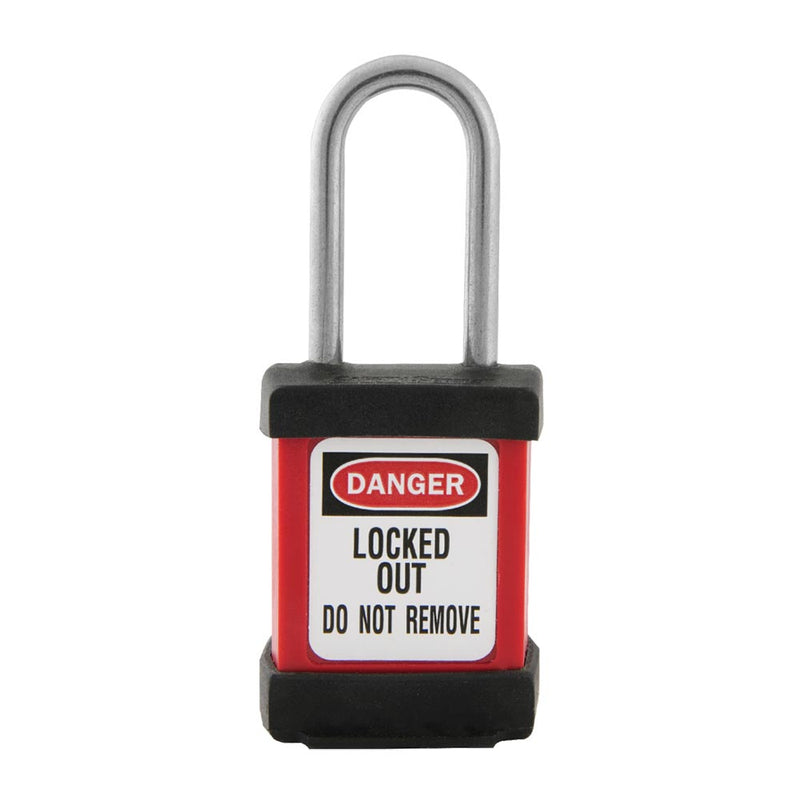 Load image into Gallery viewer, Master Lock S31 Zenex Compact Thermoplastic Safety Padlock KD, 38mm, featuring a long shackle and a DANGER LOCKED OUT label, designed for industrial lockout/tagout procedures, ideal for corrosive environments.