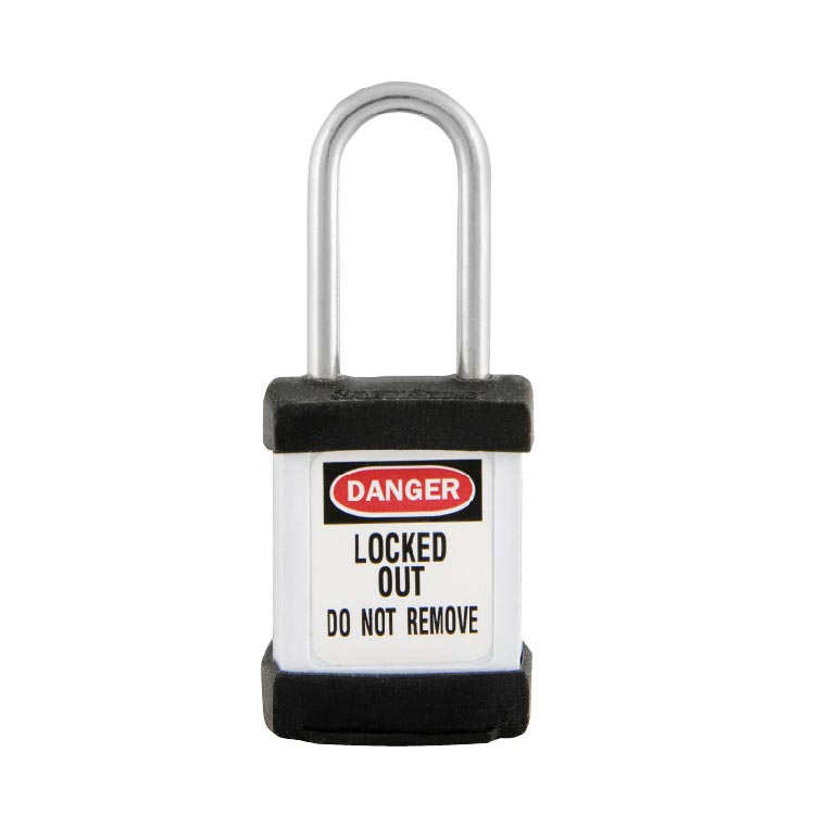 Load image into Gallery viewer, Master Lock S31 Zenex Compact Thermoplastic Safety Padlock KD, 38mm, features a white body with black bumpers, a red-and-white danger label, and a stainless steel shackle for industrial safety applications.