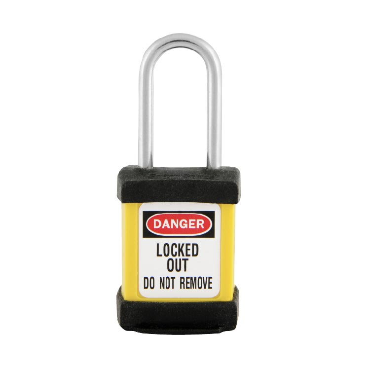 Load image into Gallery viewer, Master Lock S31 Zenex Compact Thermoplastic Safety Padlock KD, 38mm, features a yellow body with black bumpers, long stainless steel shackle, and a front label stating “DANGER – LOCKED OUT – DO NOT REMOVE.”