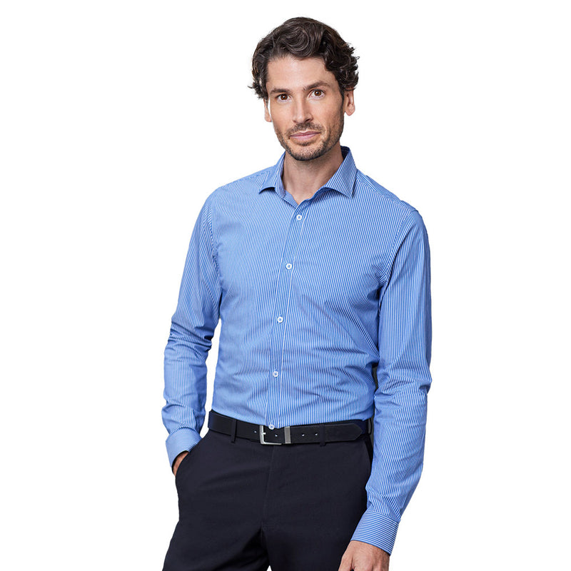 Load image into Gallery viewer, Biz Mens Conran Classic Long Sleeve Shirt featuring a Bengal stripe pattern, chest pocket, and buttoned collar, ideal for versatile wear in both casual and formal settings.