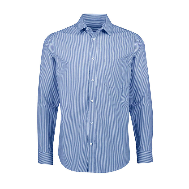 Load image into Gallery viewer, Biz Mens Conran Classic Long Sleeve Shirt, featuring a Bengal stripe pattern, chest pocket, and longer length, crafted from stretch cotton for comfort and easy-care, ideal for versatile workplace settings.