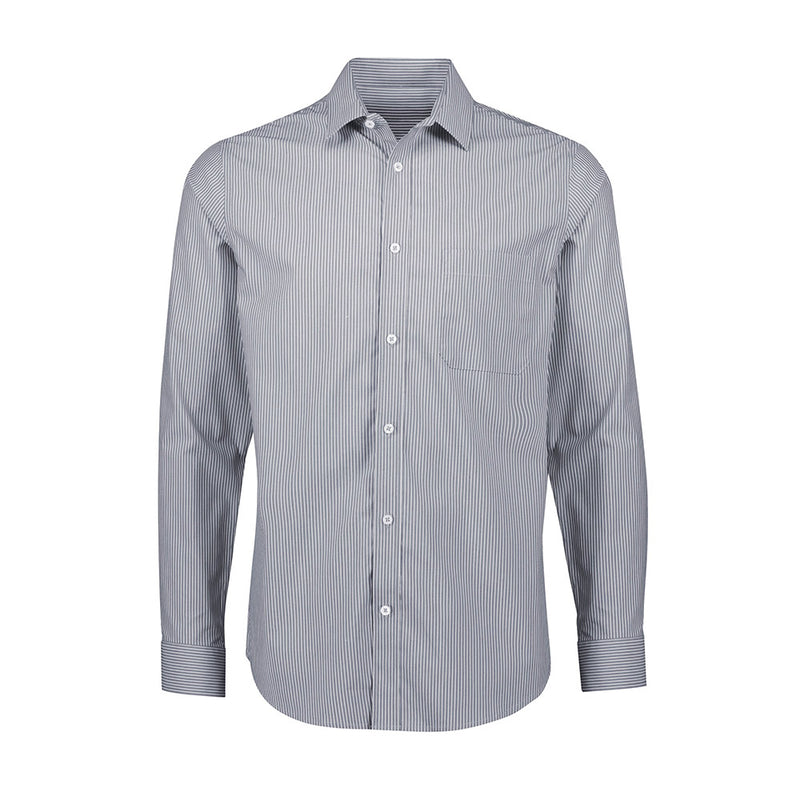 Load image into Gallery viewer, Biz Mens Conran Classic Long Sleeve Shirt features a Bengal stripe pattern with a chest pocket. Designed for versatility, its stretch cotton blend ensures comfort and wrinkle resistance, ideal for both formal and informal settings.