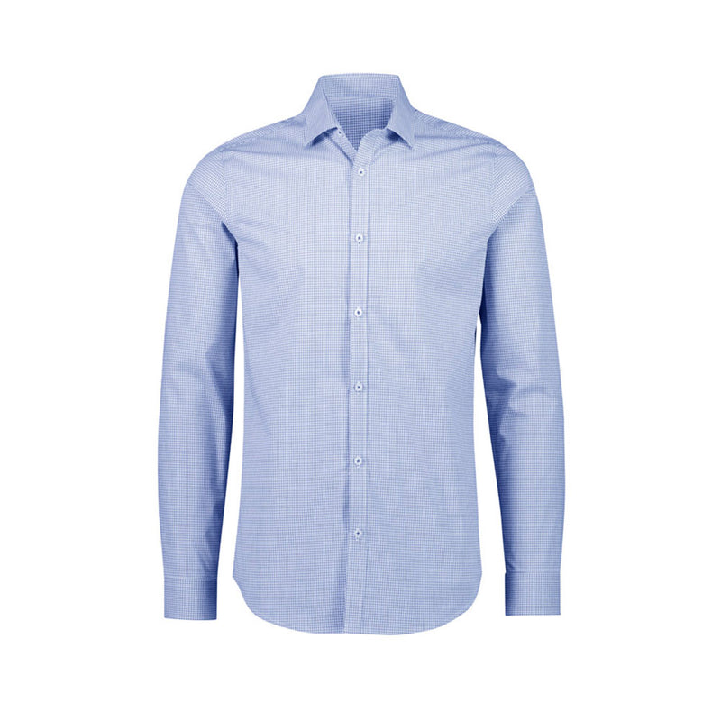 Load image into Gallery viewer, Biz Mens Bristol Tailored Long Sleeve Shirt, White/Navy: A sophisticated blue and white checkered shirt, featuring a classic grid pattern, button closure, and a longer length for versatile business and workplace attire.