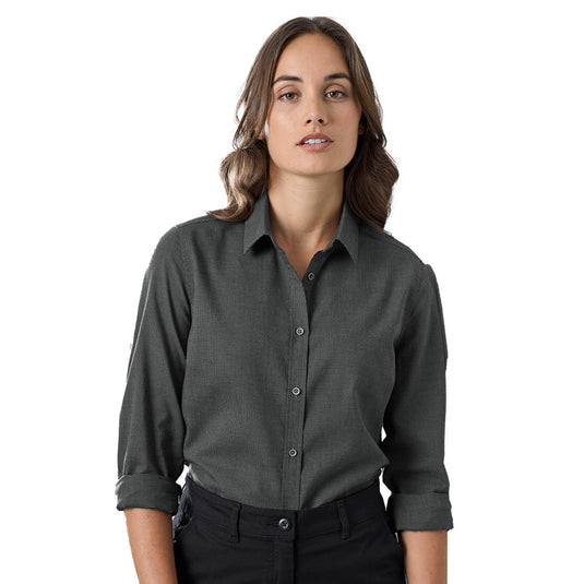 Biz Womens Soul Long Sleeve Shirt features a relaxed fit with button-down collar and dress placket. Ideal for workplace use, offering comfort with its garment-washed, soft-touch fabric and versatile styling options.