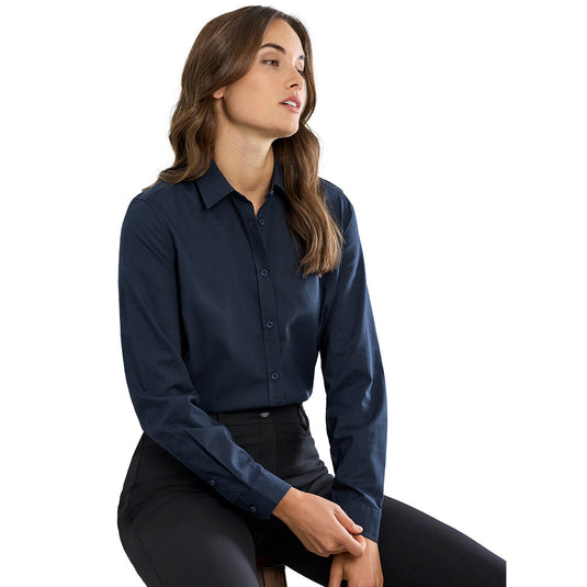Biz Womens Soul Long Sleeve Shirt features a relaxed fit with a button-down collar, dress placket, and adjustable cuffs, designed for a casual, professional look suitable for workplace safety environments.