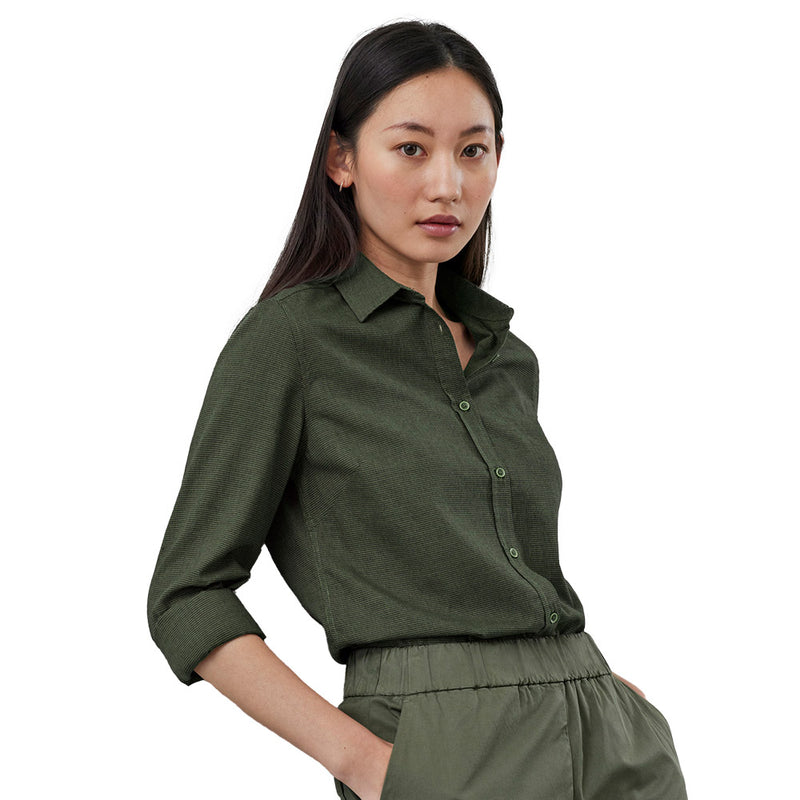 Load image into Gallery viewer, Biz Womens Soul Long Sleeve Shirt: A relaxed-fit, garment-washed shirt with a button-down collar, dress placket, adjustable cuffs, and curved hem for versatile wear, blending comfort and style with a UPF 15+ rating.