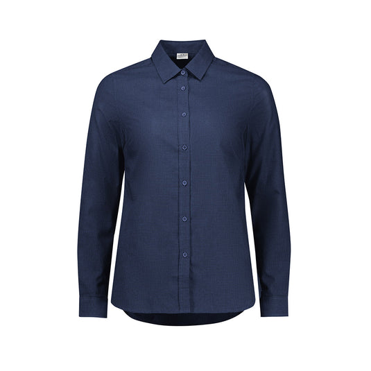 Biz Womens Soul Long Sleeve Shirt features a relaxed fit, button-down collar, dress placket, adjustable cuffs, and a curved hem, ideal for workplace comfort and style. Perfect for uniform and safety attire.