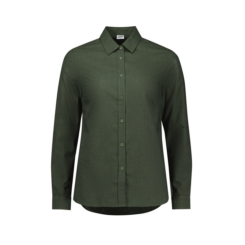 Load image into Gallery viewer, Biz Womens Soul Long Sleeve Shirt featuring a relaxed fit and button-down collar, designed with a yarn-dyed micro-check pattern. Garment washed for softness, it includes adjustable cuffs and a curved hem.