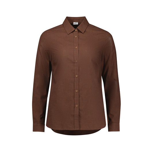 Biz Womens Soul Long Sleeve Shirt with a relaxed fit, button-down collar, dress placket, adjustable cuffs, and curved hem. Features a micro-check pattern and garment-washed finish for a casual, comfortable look.