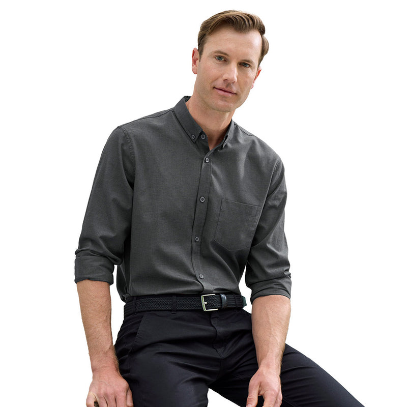 Load image into Gallery viewer, Biz Mens Soul Long Sleeve Shirt features a relaxed fit with a button-down collar, dress placket, adjustable cuffs, and a left front pocket, ideal for casual or workplace settings.
