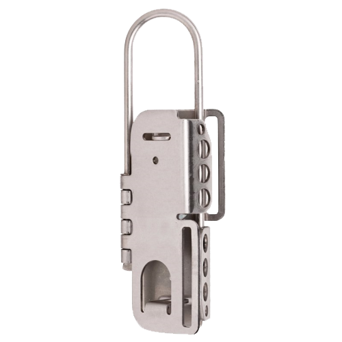Master Lock Stainless Steel Lockout Hasp 4mm, designed for safety use, features a durable metal structure suitable for up to eight padlocks, effectively ensuring secure lockout in workplace environments.