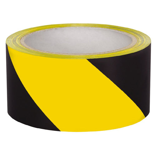 Floor Marking Tape Black/Yellow 48mm x 30m, featuring a roll of durable PVC film with rubber adhesive, designed for safety demarcation in workplaces.