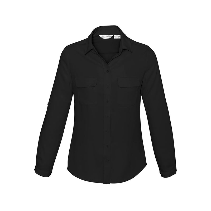Load image into Gallery viewer, Biz Ladies Madison Long Sleeve shirt featuring a streamlined silhouette with long sleeves, roll-up tab function, and an action-back pleat for comfort; ideal for both professional and casual settings.