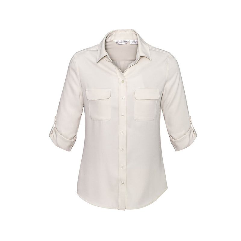 Load image into Gallery viewer, Biz Ladies Madison Long Sleeve shirt, featuring a versatile roll-up tab function and action-back pleat. Ideal for professional or casual settings, with a streamlined silhouette and comfortable mechanical stretch fabric.