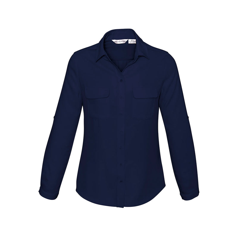 Load image into Gallery viewer, Biz Ladies Madison Long Sleeve shirt with roll-up tab sleeves, action-back pleat, and a gently shaped torso, designed for versatile office and casual wear, aligning with workplace uniform standards.