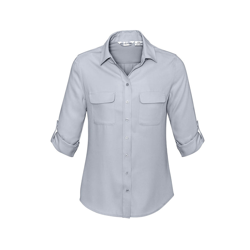 Load image into Gallery viewer, Biz Ladies Madison Long Sleeve shirt features a versatile roll-up tab function and action-back pleat, ideal for professional or casual wear. Its streamlined silhouette and mechanical stretch offer all-day comfort.