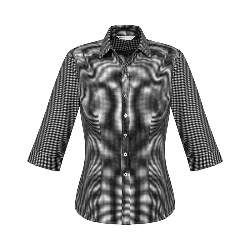 Load image into Gallery viewer, Biz Ladies Ellison 3/4 Sleeve Shirt featuring a black and white check pattern, showcased with a close-up of its sturdy button, crafted for durability and style, suitable for professional and safety-focused environments.
