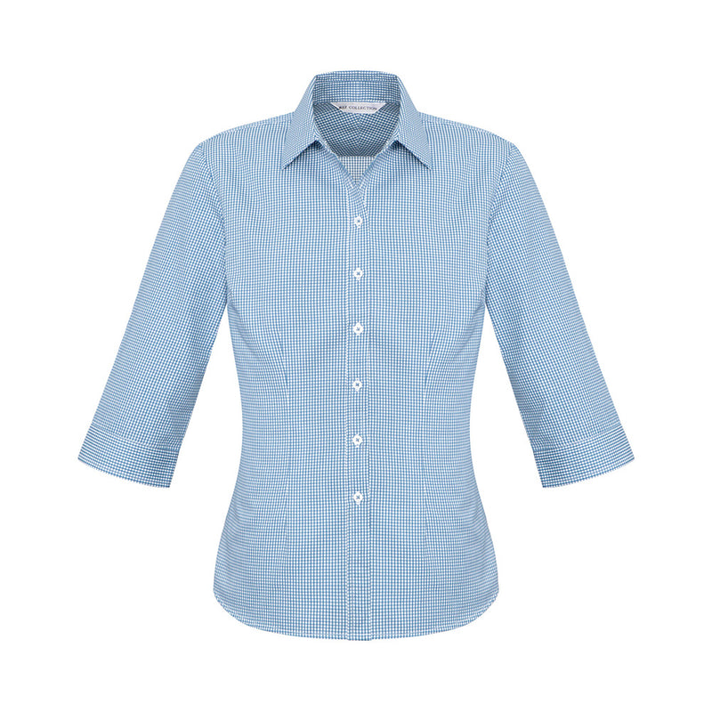 Load image into Gallery viewer, Biz Ladies Ellison 3/4 Sleeve Shirt featuring a blue and white check pattern, crafted from easy-care, cotton-rich fabric, designed with back shoulder pleats and waist darts for an elegant fit.